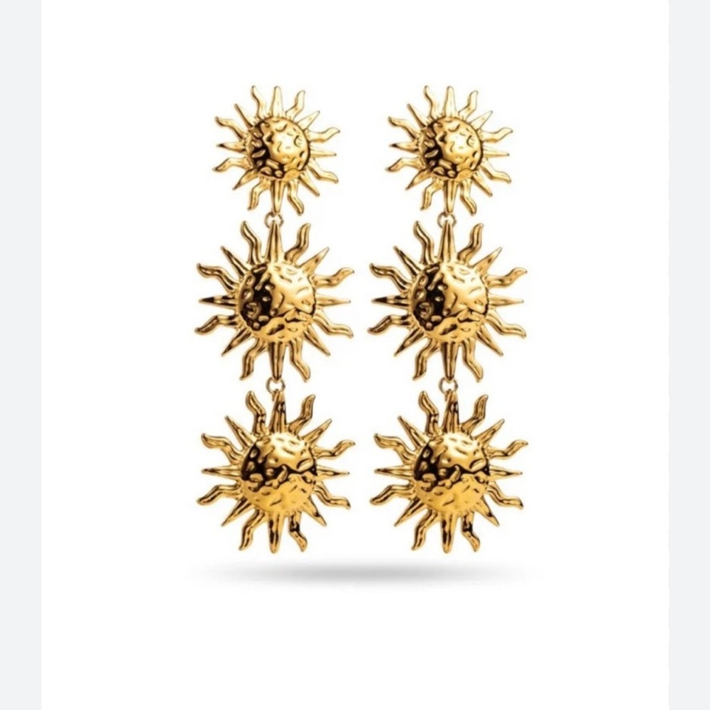 Gold Triple Sun Earrings - Picture 8 of 14